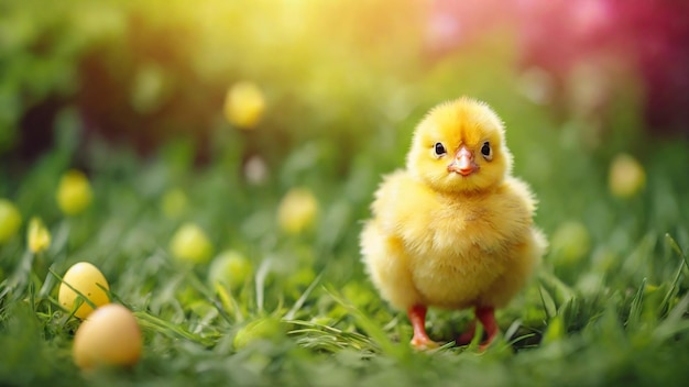 Galinha amarela e ovos de Páscoa na grama verde.