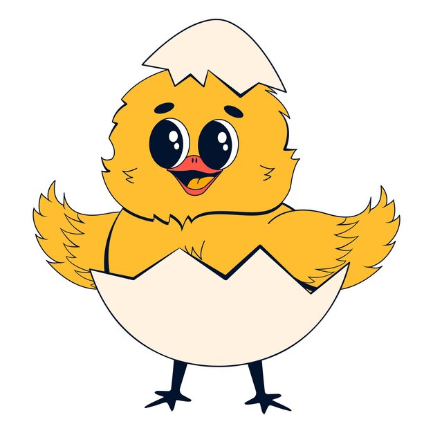 Galinha bebê em casca de ovo Ilustração vetorial de um personagem de galinha em estilo de desenho animado retro