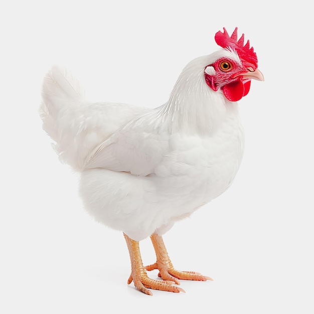 Galinha branca majestosa com penas vibrantes e pente vermelho em fundo branco