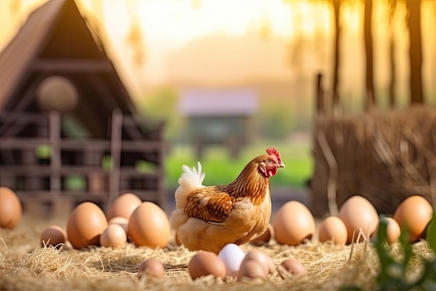 Galinha chocando ovos com fundo de fazenda