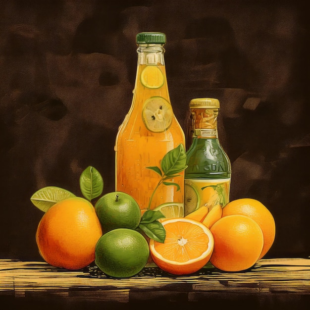 Galinha clássica de suco e frutas. Pintura de natureza morta.