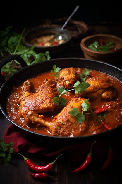 Foto galinha de manteiga saborosa prato delicioso galinha tikka masala em uma panela de barro em preto gerado ai