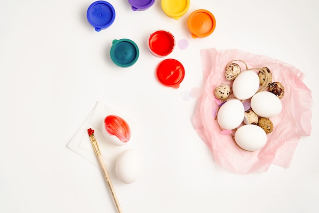 Galinha e codorna ovos ninho e pintar no conceito de ofício de Páscoa feliz fundo branco