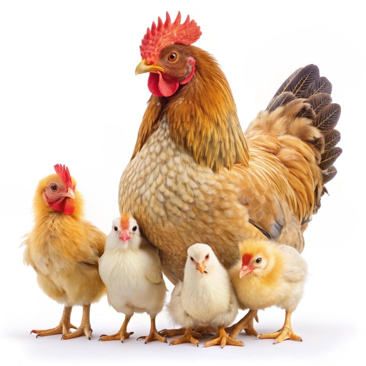 Foto galinha-mãe com galinhas em uma galinha rural