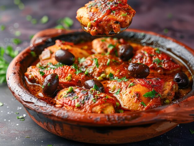 Galinha tradicional mediterrânea Cacciatore com azeitonas pretas e ervas em prato rústico de terracota