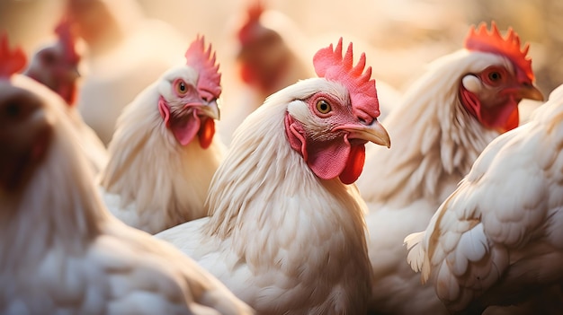 Galinhas bicando em um curral cada pena e cacarejando o bico