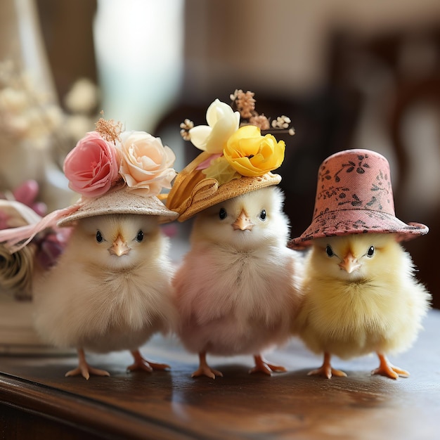 Foto galinhas bonitas com chapéus engraçados.