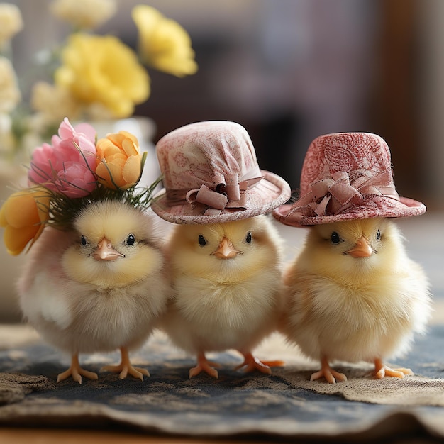 Galinhas bonitas com chapéus engraçados.