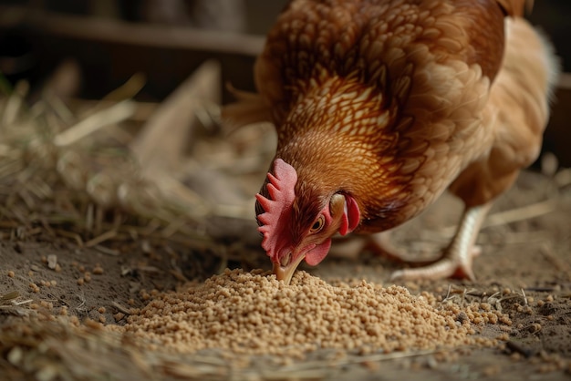 galinhas comem ração e grãos em uma fazenda de galinhas ecológicas