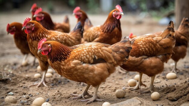 Galinhas em uma fazenda com ovos no chão