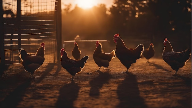 galinhas estão enfileiradas em uma fazenda.