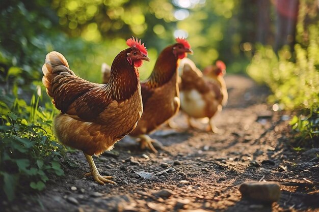 Galinhas na fazenda à luz da manhã