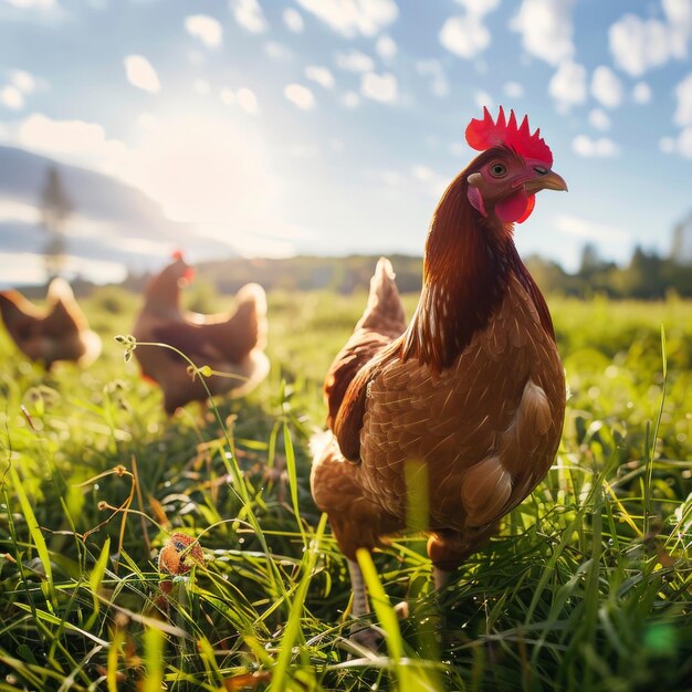 Galinhas na relva no prado um dia ensolarado