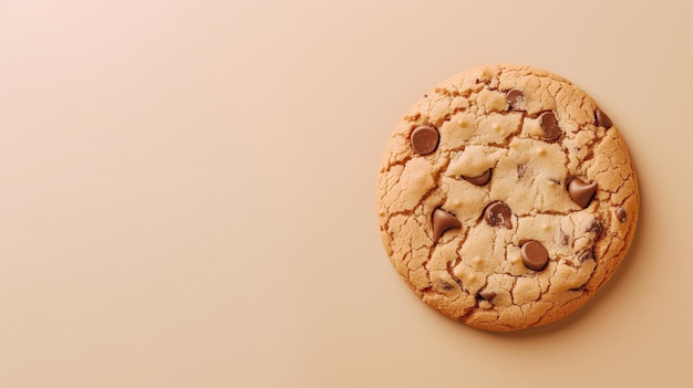 Galleta de chispas de chocolate recién horneada en un fondo beige neutro ideal para temas relacionados con la comida o c