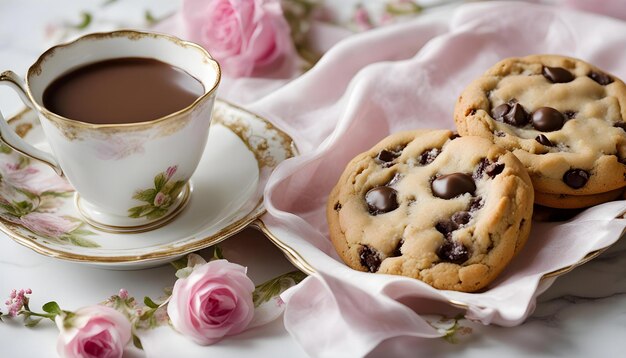 una galleta de chispas de chocolate y una taza de café en una mesa