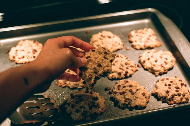 Foto galleta de chocolate de avena en la mano