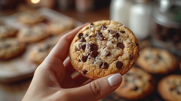 Una galleta de chocolate fresco en la mano es un regalo casero.