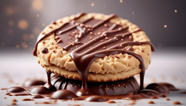 Foto una galleta de chocolate medio cubierta con salpicaduras de chocolate