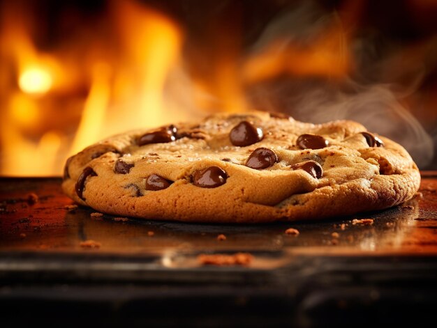 Foto una galleta de chocolate recién horneada en su gloria dorada.