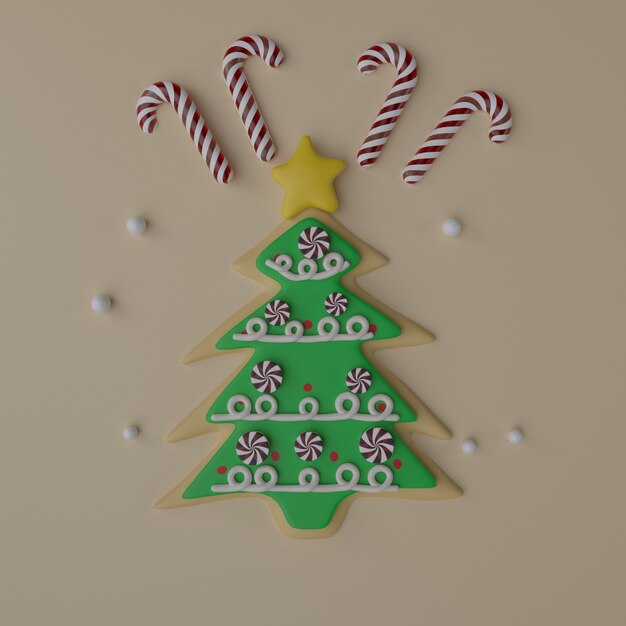 Galleta y dulces en forma de árbol navideño. Representación 3D. Productos horneados de año nuevo, decoración.