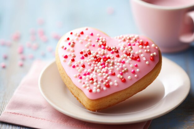 Galleta en forma de corazón con glaseado rosado y salpicaduras de corazón regalo del día de San Valentín Ilustración de IA generativa