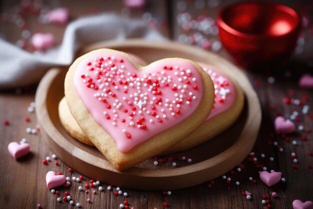 Galleta en forma de corazón con glaseado rosado y salpicaduras de corazón regalo del día de San Valentín Ilustración de IA generativa