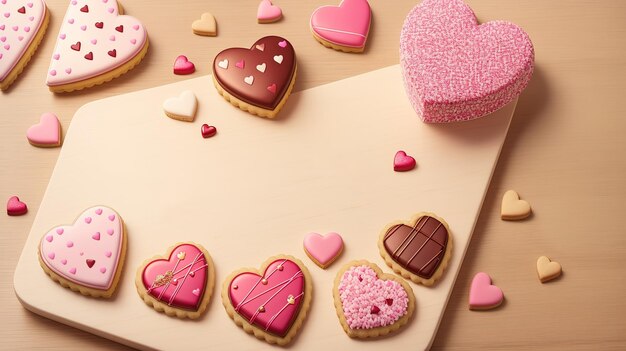 Una galleta rosa en forma de corazón con una caja de galletas en forma de corazón.