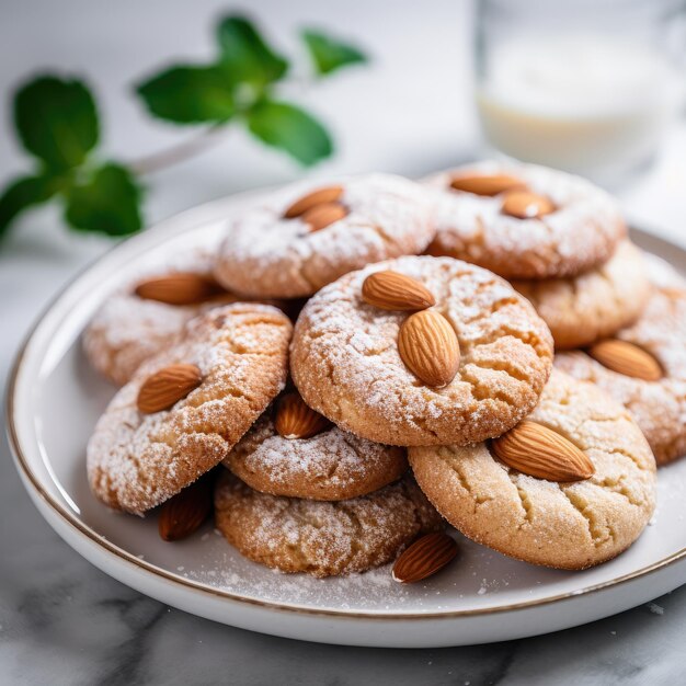 Las galletas de almendra con fondo azulado de cerca