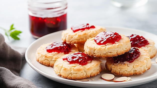 Foto galletas de almendra con mermelada de fresa en un plato