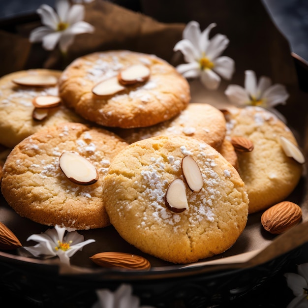 Galletas de almendras dulces en una mesa de madera negra Con fondo negro Vista superior Generativa Ai