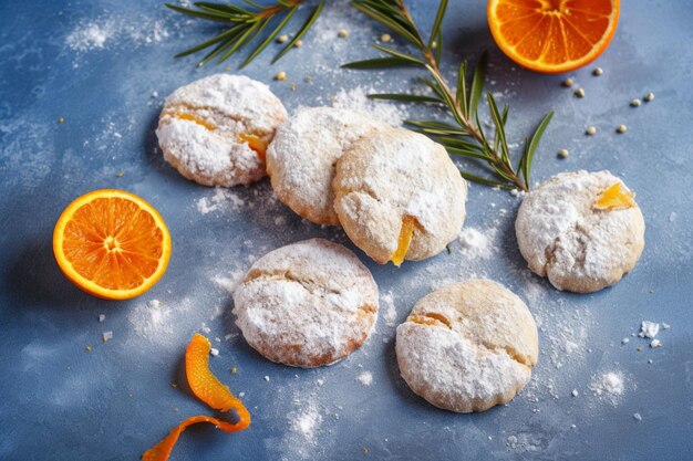 Galletas arrugadas caseras de mantequilla de naranja con azúcar en polvo, romero y naranjas sanguinas sicilianas