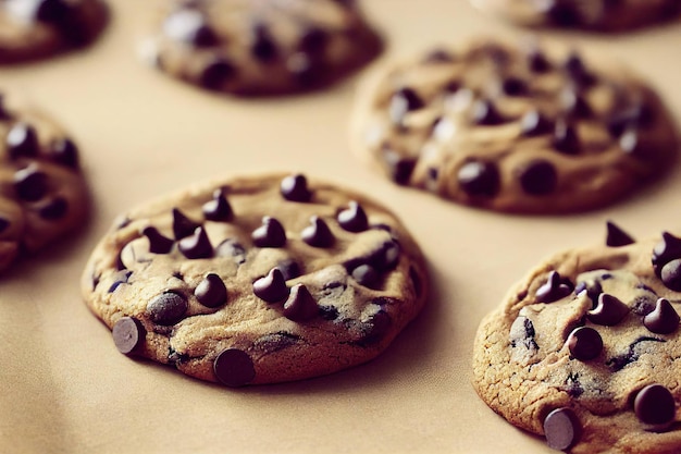 Galletas de avena de cereales caseros dulces con gotas de chocolate sobre fondo claro