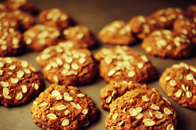 Galletas de avena de otoño dulce de calabaza con granos y pasteles de muesli en una bandeja para hornear