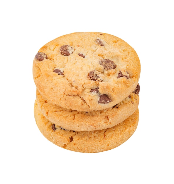 Galletas de avena redondas de tres piezas apiladas aisladas sobre fondo blanco con trazado de recorte