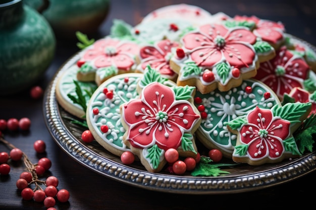 Galletas de azúcar de bayas de invierno con glaseado rojo y verde deliciosas galletas de pan de jengibre de Navidad Ilustración de IA generativa