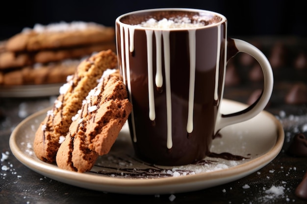 Galletas Biscotti de pie en una taza de chocolate caliente