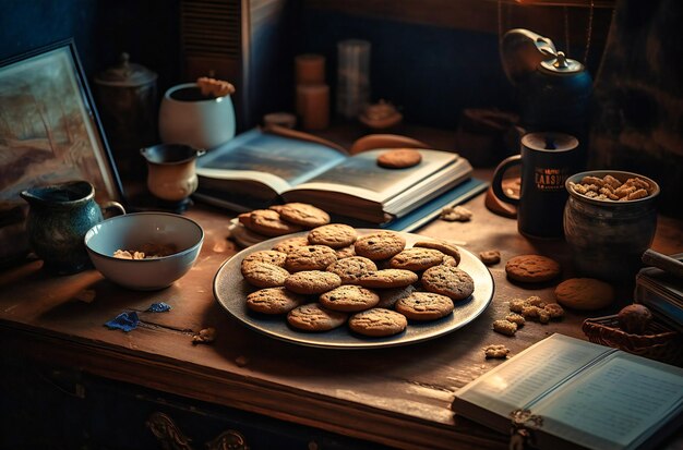 Galletas de café, una computadora portátil abierta y libros en un escritorio de madera