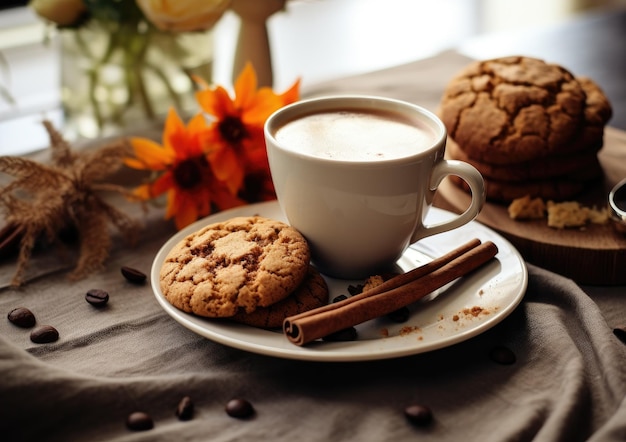 Las galletas y el café se encuentran sobre la mesa durante el desayuno.