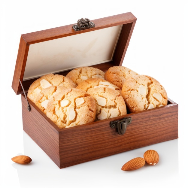 Galletas en una caja de madera sobre un fondo blanco con reflejo