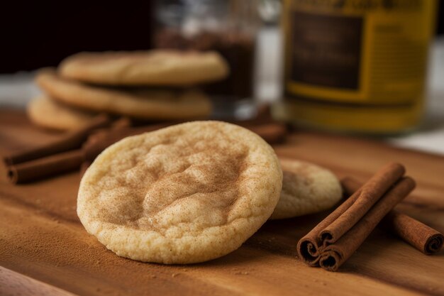 Galletas de canela en una tabla de madera con una botella de jarabe de chocolate al fondo.