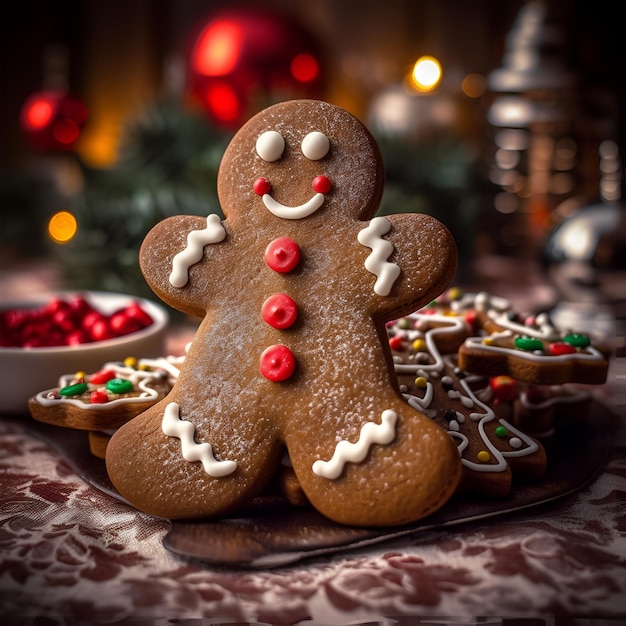 Galletas caseras de hombre de pan de jengibre en la mesa de navidad cerrar ai generado