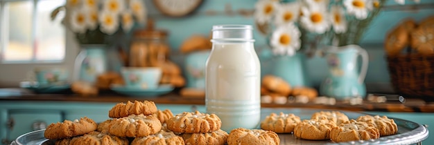 Galletas caseras y leche fresca en un acogedor mostrador de la cocina