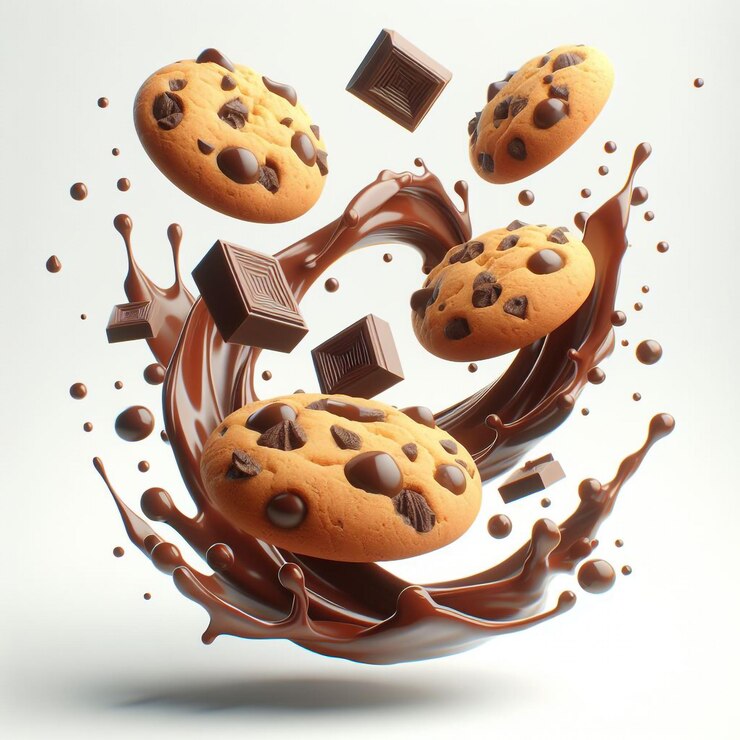 galletas de chips de chocolate y salpicaduras de chocolate con un fondo blanco