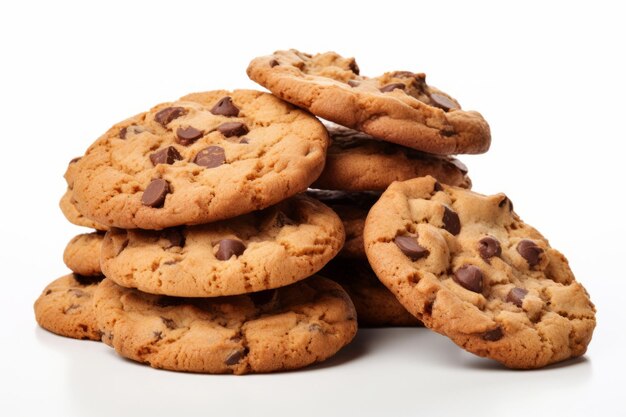 Galletas con chispas de chocolate aisladas sobre fondo blanco Galletas caseras de cerca Ilustración generativa de IA