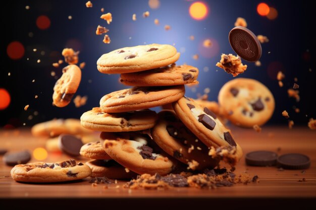 Las galletas de chispas de chocolate caen con salpicaduras de líquido naranja contra un fondo azul