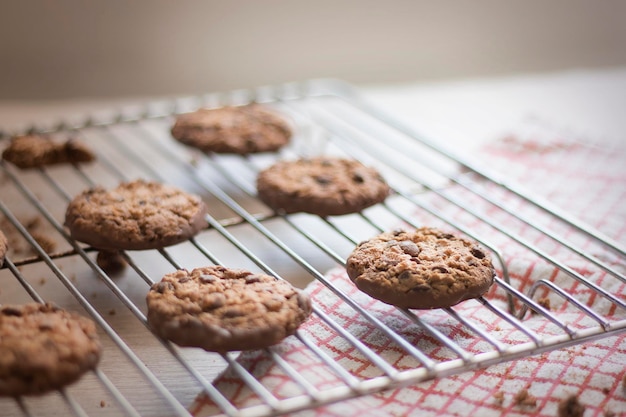 Galletas con chispas de chocolate en una cuadrícula