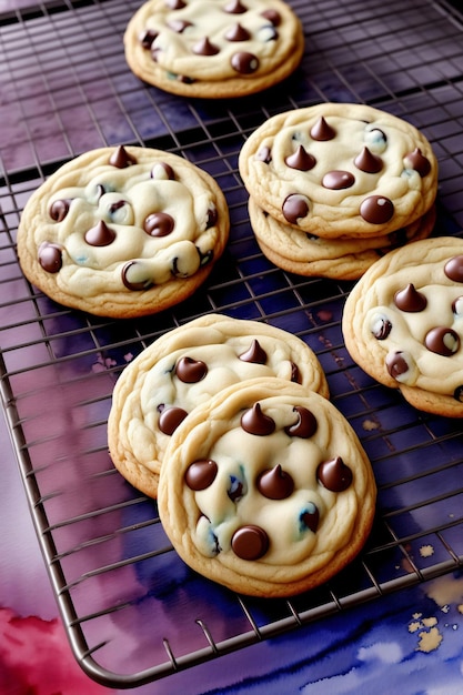 Galletas con chispas de chocolate enfriándose en una rejilla para enfriar