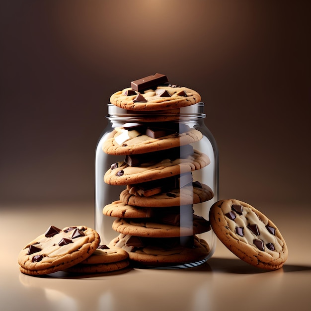 galletas con chispas de chocolate en un frasco de vidrio con chispas de chocolate sobre fondo marrón