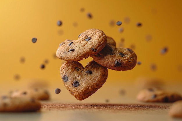 Galletas con chispas de chocolate volando sobre un lienzo amarillo