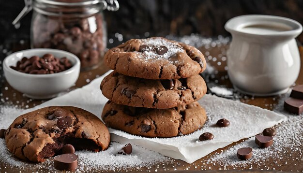 Foto galletas de chocolate dobles apiladas con trozos de chocolate oscuro